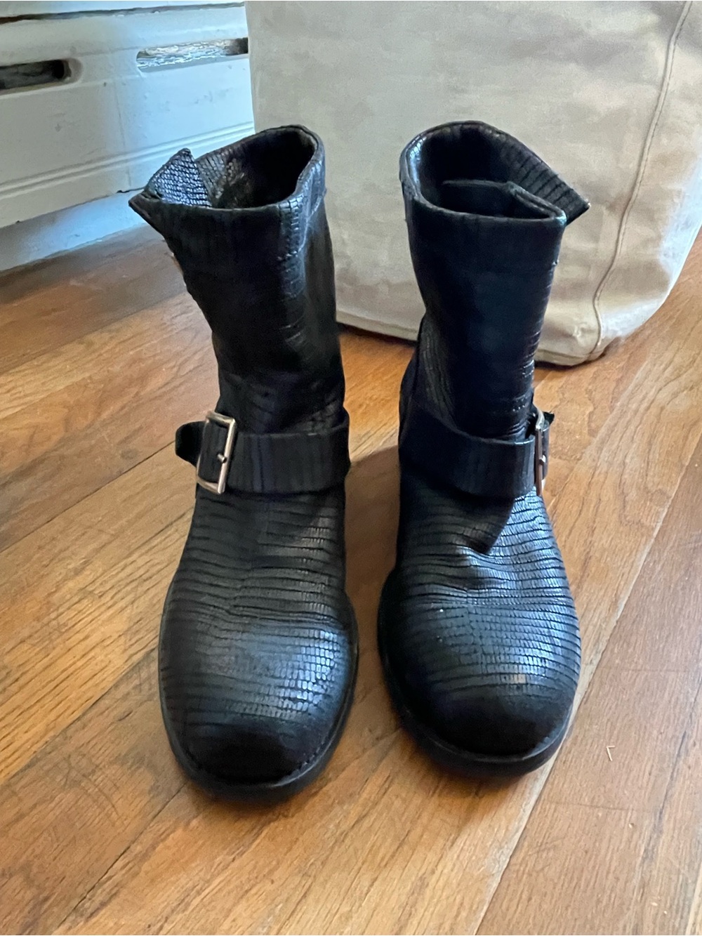 Jimmy Choo Black Textured Leather Mid-Calf Buckle Boots - Women 6.5